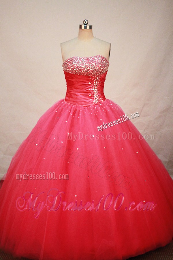 Lovely Red Strapless Floor-length Beaded Corset Sweet 15 Dress